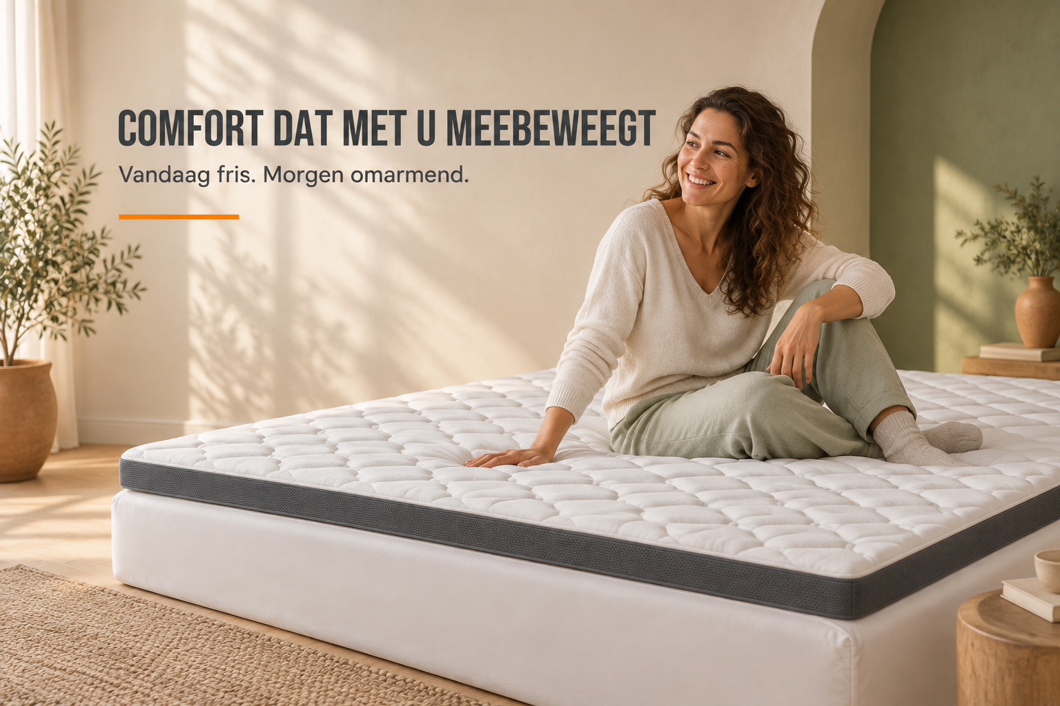 Vrouw ervaart het comfort van de omkeerbare Cloudtemp topper